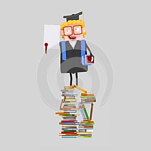 Graduate boy with diploma paper on a mountain of books