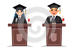 Graduate boy and girl solemn tribune speech character flat design vector illustration