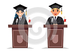 Graduate boy and girl solemn tribune speech character flat design vector illustration photo