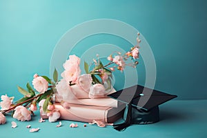 Graduate cap, apple branch and academic books. Study, education, university, college, graduate concept. Generative AI