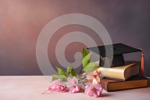Graduate cap, apple branch and academic books. Study, education, university, college, graduate concept. Generative AI