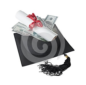 Graduate cap, banknotes and Certificate of graduation