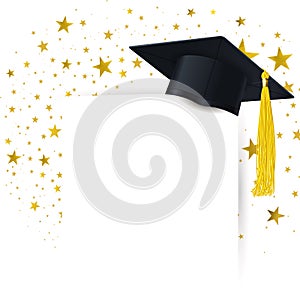 Graduate Cap with  Diploma on a Background of a Gold Stars