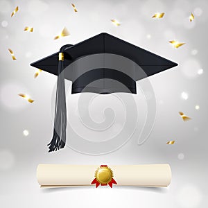 Graduate Cap with Diploma and Congratulatory Golden Confetti