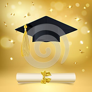 Graduate Cap and Diploma with Falling Golden Confetti