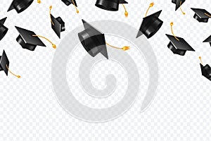 Graduate caps flying. Black academic hats in air. Education isolated vector concept