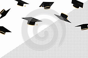 Graduate caps on a transparent background. Caps thrown up. Education end of school concept.