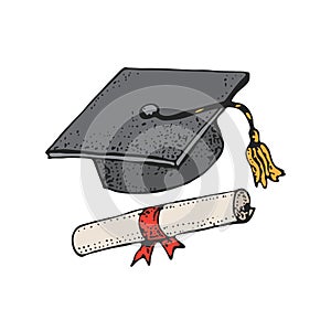 Graduate cartoon black hat pattern with diploma, graduation caps, square academic cap, mortarboard for college, university student
