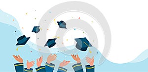 Graduate class of 2019. Caps and confetti on a white background. Hats thrown up, vector illustration, banner design