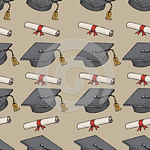 Graduate doodle black hat seamless pattern with diploma, graduation caps, square academic cap, mortarboard for college, university