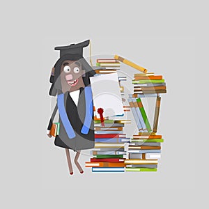 Graduate girl with diploma paper in front of books mountain