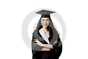 Graduate girl with master degree in black graduation gown and cap on white background. Happy young woman careerist have