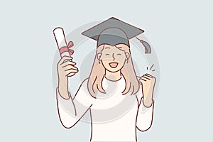 Graduate girl in university student hat after passing exams and holds certificate of education