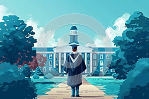 Graduate in gown looking at university building, ideal for education themes. Graduation time in educational institutions photo