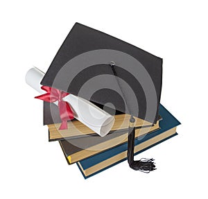 Graduate hat, books and scroll