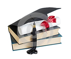 Graduate hat, books and scroll