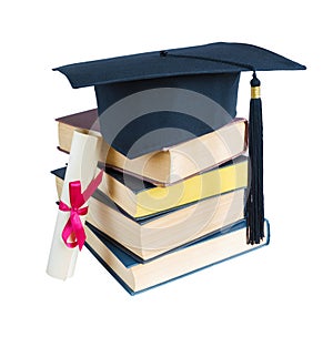 Graduate hat, books and scroll