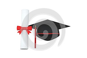 Graduate hat with diploma aside on white background, 3d rendering