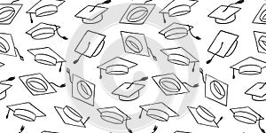 Graduate hat doodle illustrations seamless pattern. Hand drawn university caps repeat backdrop.