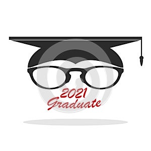Graduate hat with a frame of glasses and the inscription Graduate 2021. Vector illustration