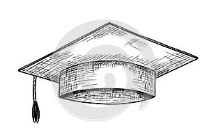 Graduate hat sketch. Hand drawn university cap in etching style. Academic hat illustration