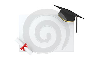 Graduate hat with white board background, 3d rendering