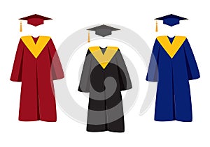 Graduate hats, academic squares or student caps and mantles in different colors. Set of flat isolated graduation