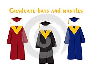 Graduate hats, academic squares or student caps and mantles in different colors. Set of graduation ceremonial clothing