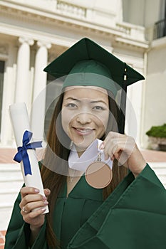 Graduate Holding Diploma And Medal Outside University