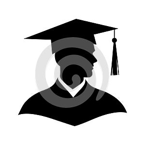 Graduate icon. Education logo. Black education logo featuring student in mortarboard icon. Graduate black silhouette