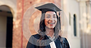 Graduate, laughing face and woman with diploma, certificate and school achievement paper outdoor. Happy, scroll and