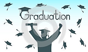 Graduate in mantle and mortarboard on background of throwing square academic cap. Graduation. Vector illustration