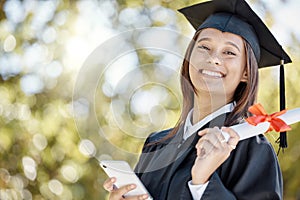 Graduate, phone and portrait of girl with smile for success, goal and education achievement on campus. Graduation