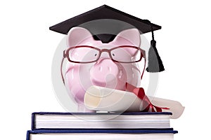 College graduate Piggy Bank student graduation diploma front view