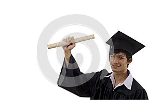 Graduate student with arm raised