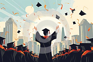 Graduate student in gown throwing graduation caps in the air. Graduation ceremony. Generative ai