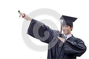 Graduate student pointing to the sky