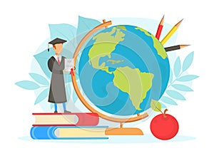 Graduate Student Standing on Pile of Books next to Earth Globe, International Student, Global Education Concept Flat