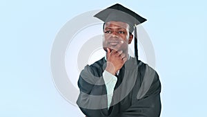 Graduate, student and thinking on future, decision and choice in mockup for advertising. Confused black man, degree and