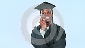 Graduate, student and thinking on future, pointing to space in mockup for advertising or marketing. Happy black man