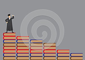 Graduate in Academic Dress Standing on Top of Books Vector Illus photo