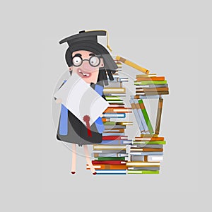 Graduate woman with diploma paper in front of books mountain