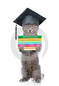 Graduated cat with books standing on hind legs. isolated on white background