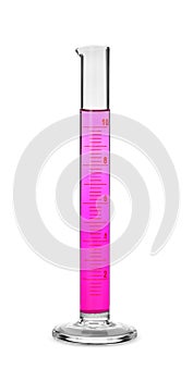 Graduated cylinder with bright pink liquid isolated on white