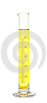 Graduated cylinder with color sample on white background