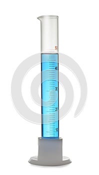 Graduated cylinder with light blue liquid isolated