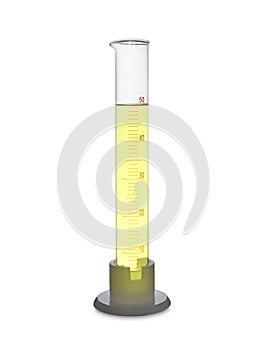 Graduated cylinder with yellow liquid isolated on white