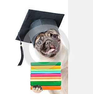 Graduated dog with books peeking from behind empty board. isolated on white background