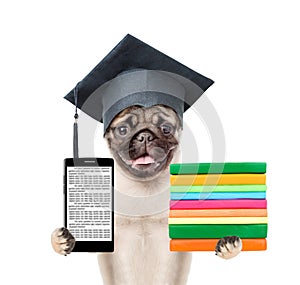 Graduated dog with books and smartphone. isolated on white background