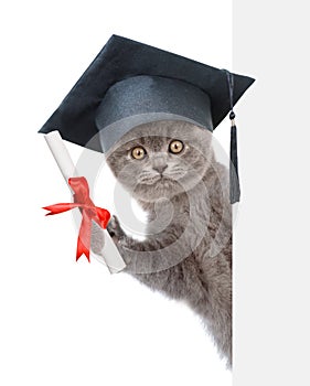 Graduated dog with diploma peeking from behind empty board. isolated on white background